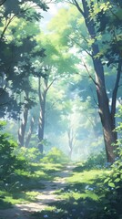 Obraz premium Enchanted Anime Forest: A Colorful Wide-Format Background of a Whimsical Anime-Style Cartoon Forest Perfect for Gaming Art and Storybook Illustrations in 4K
