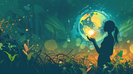 A woman stands in a field of tall grass, holding a glowing globe of the Earth in her hands, with a magical, ethereal background.