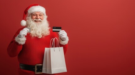 Naklejka premium Jolly Santa Claus Shopping with Credit Card on Festive Red Background, Generative Ai