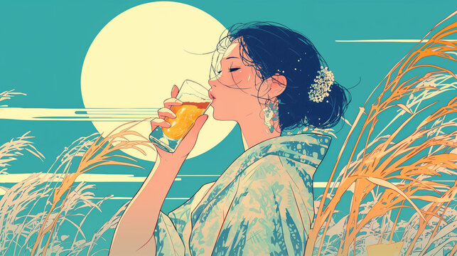 満月とビールを飲む浴衣の女性
