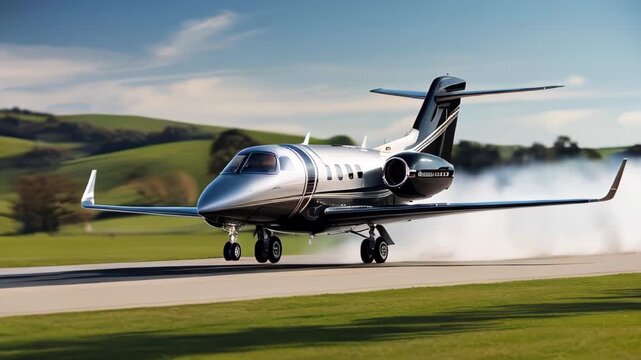 A private jet takes off from a runway surrounded by green hills under a bright blue sky. The jet's engines release streams of condensation