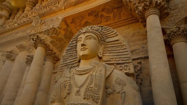 Egyptian mythology concept. Carved pharaoh face on temple wall with columns. Egypt art. Ancient civilization history. Old sculpture statue. Archeology and Egyptology.