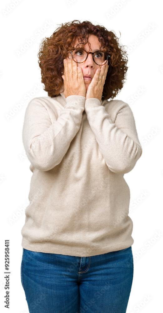 Canvas Prints Beautiful middle ager senior woman wearing turtleneck sweater and glasses over isolated background Tired hands covering face, depression and sadness, upset and irritated for problem