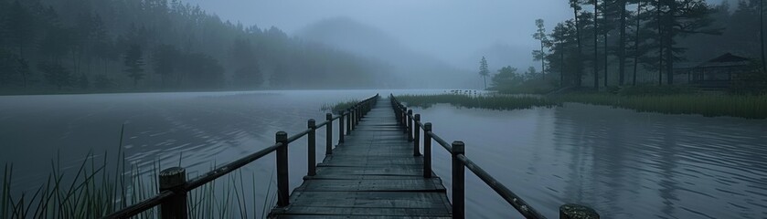 Naklejka premium Misty wooden pier leading into a serene foggy lake surrounded by trees and hills, creating a tranquil and mysterious atmosphere.