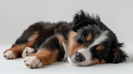 Australian shepherd puppy lying down with white background