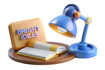 Light Your Ideas: Desk Lamp and Notebook with Bright Ideas Text on White Background