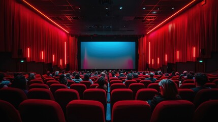 Obraz premium People in the cinema auditorium with Cinema blank wide screen and red chairs in the cinema hall,People silhouettes watching movie performance,empty white screen,space for text,copy space.