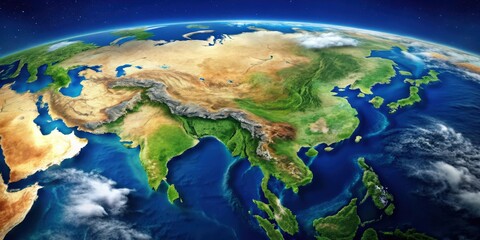 Fototapeta premium Aerial view of Asia continent from space , Asia, Earth, space, satellite, view, planet, continent, landscape
