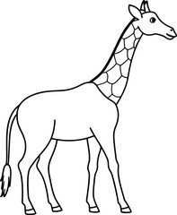 An outline illustration of a giraffe, showing its long neck and slender legs, drawn with clean, flowing lines on a white background