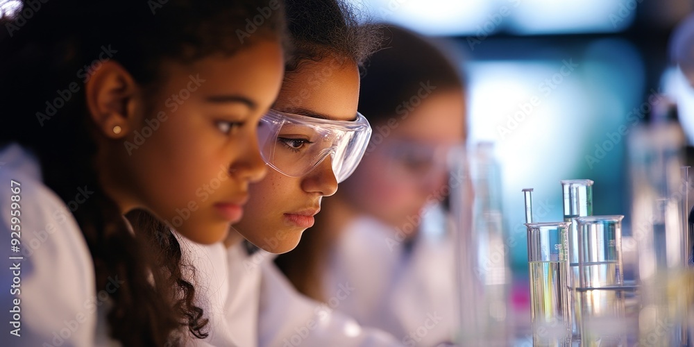 Poster macro shot of a science lab with students conducting experiments and using high-tech equipment, high