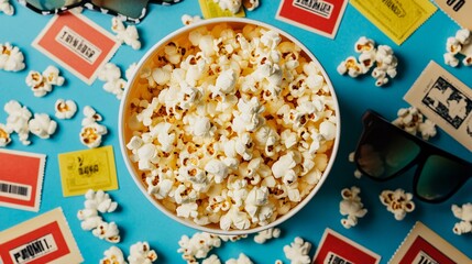 An overhead view of a large popcorn bucket overflowing with buttery popcorn, surrounded by scattered movie tickets and 3D glasses on a cinema-themed table