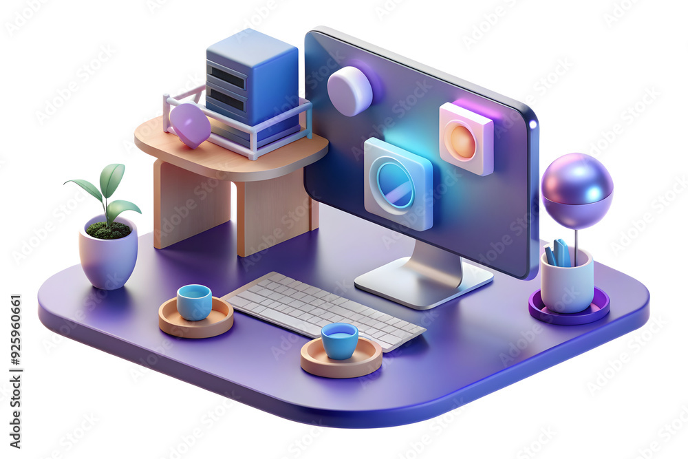 Poster Modern desktop with holographic communication app and flexible workspace concept on white background.