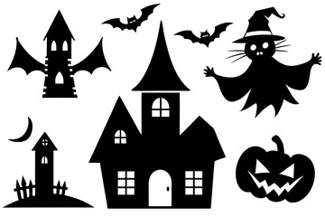 Minimalist Halloween Vector Collection: Witch, Jack-o'-Lantern, Haunted House, Bat, Ghost, Black Cat - Spooky and Festive Silhouettes for Logos and Decorations