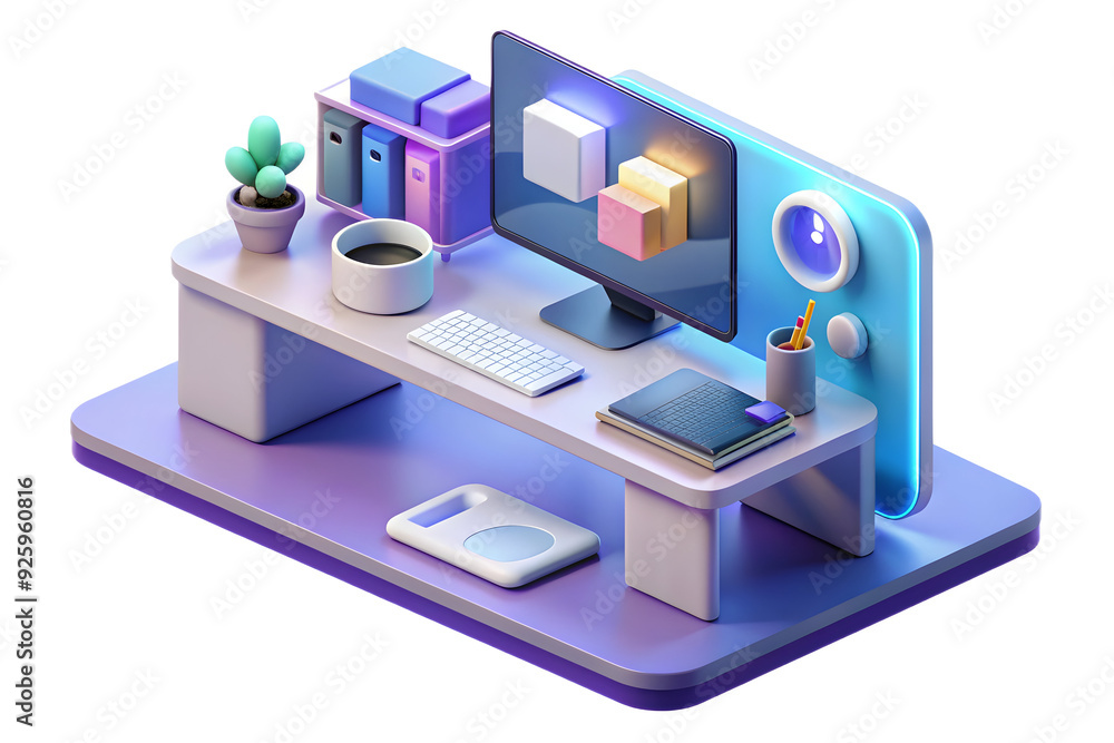 Poster flexible workspace with holographic communication app on desktop screen. sleek and organized design 