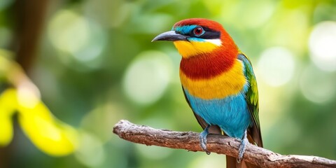Obraz premium Macro shot of a colorful tropical bird perched on a branch, emphasizing the vivid plumage and exotic allure of wild species
