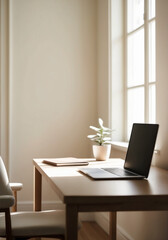 Workstation, desk and laptop near the window