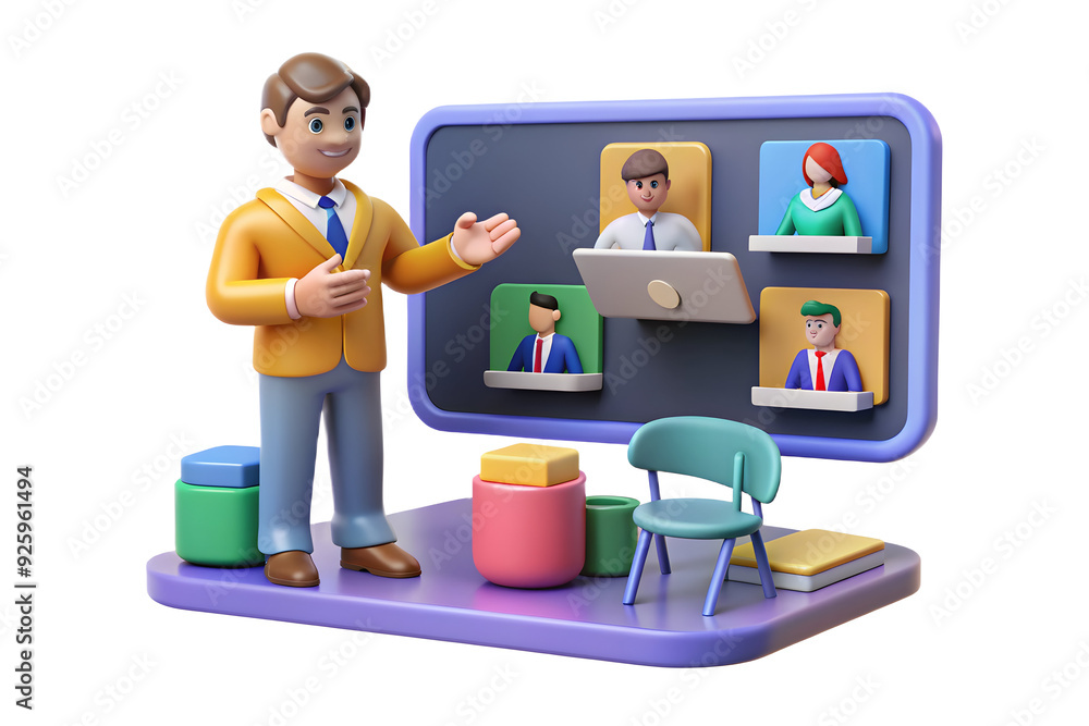 Poster tech-savvy educator leading engaging online class in a virtual classroom setting.