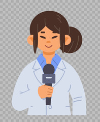 Portrait of Asian press reporter on transparent background. Cartoon vector female news character