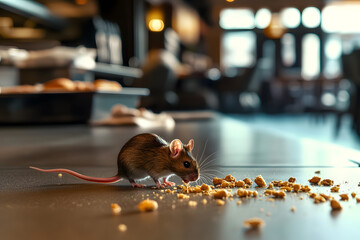 Sanitation inspection concept. Mouse in a pizzeria restaurant cafe floor. Fat rat eating crumbs in kitchen. Lack of Hygiene, and Unsanitary Kitchen practices.