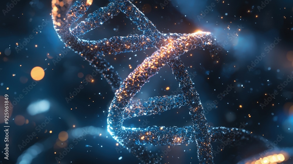 Poster abstract dna structure with glowing particles.