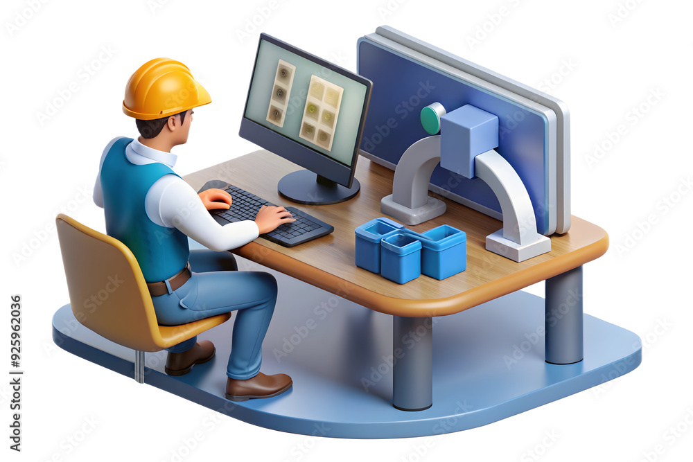 Poster high-tech engineer working on cad design in flexible workspace setting