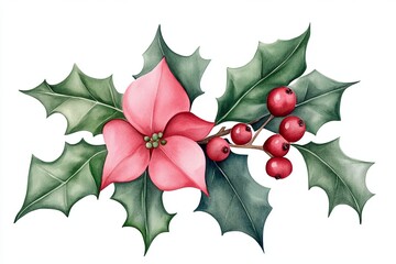Watercolor poinsettia with holly and berries illustrations, Beautiful watercolor illustrations of red poinsettias combined with holly leaves and berries, perfect for elegant and festive Christmas desi