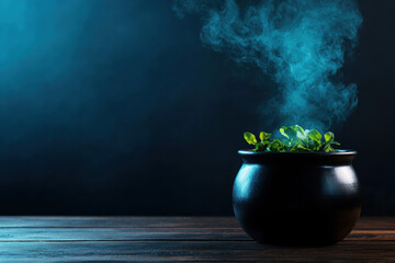 Steaming black pot with fresh green herbs in a moody, dark environment on a wooden surface, showcasing magic and mystery in culinary arts.
