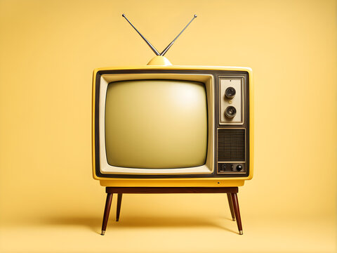 Front view of retro yellow old television on a stand with blank screen, vintage old fashioned TV isolated on yellow background with clipping path