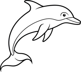 Dolphin outline illustration or silhouette, leaping out of the water in a fluid motion, with clean, curved lines on a white background