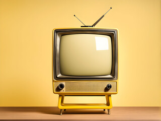 Front view of retro yellow old television on a stand with blank screen, vintage old fashioned TV isolated on yellow background with clipping path