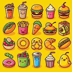 Fast Food Items Set Of Realistic Design Vector Stickers Isolated On White Background.
