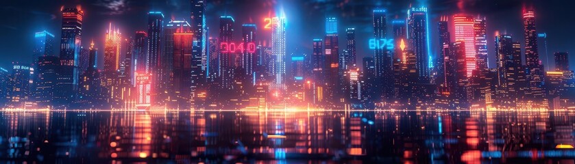 Aerial view of futuristic city at night with glowing lights.