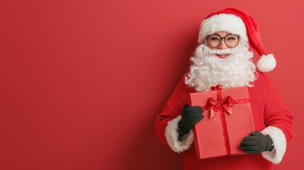 Naklejka premium Joyful Female Santa Claus with Gift and Shopping Bag Spreading Holiday Cheer, Generative Ai