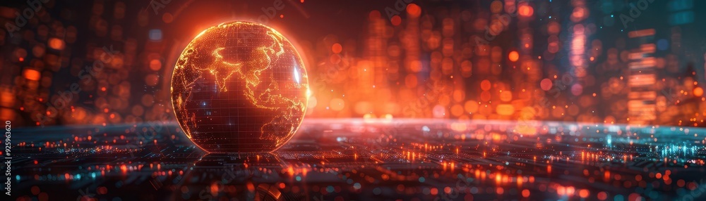 Poster abstract digital planet with glowing lights and data streams.