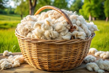 raw harvest sheep wool pile in rustic basket