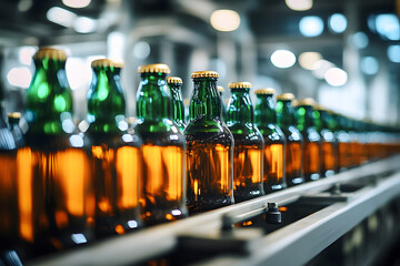 Brewery conveyor glass beer drink alcohol bottles, modern production line. Blurred background. Selective focus.Factory for the production of beer cider. Bottling plant manufacturing bottling drinks.