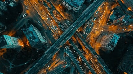 Aerial view of a complex urban highway interchange at night