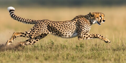 Close-up of a sleek and powerful cheetah mid-stride, capturing the speed and agility of this magnificent wild animal