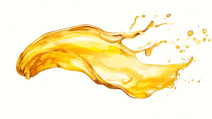 Fototapeta premium splash of golden olive oil, flowing in a simple, elegant curve, minimalist watercolor illustration, isolated on white background.