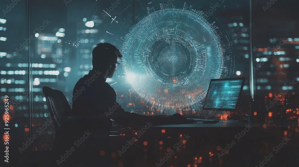 Poster silhouette of a man working at a computer in a modern office at night with a city view and a digital