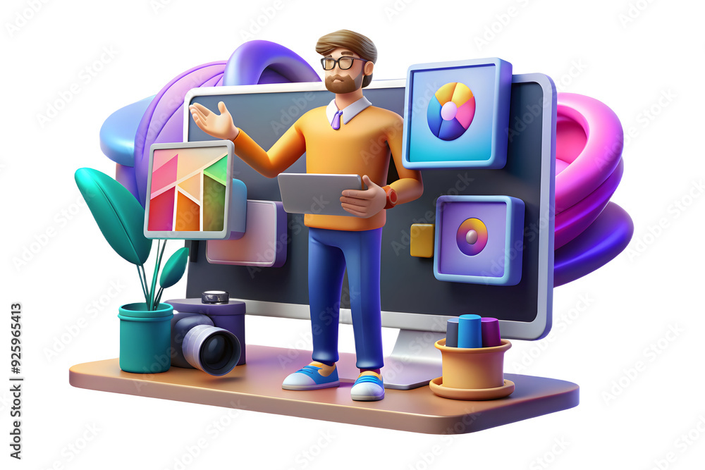 Poster virtual meeting showcasing vibrant graphic designs in creative workspace with digital art elements. 