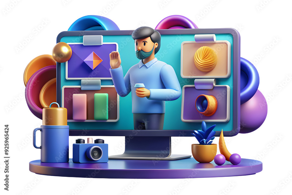 Poster graphic designer presenting vibrant designs in abstract virtual meeting setting. emphasizing creativ