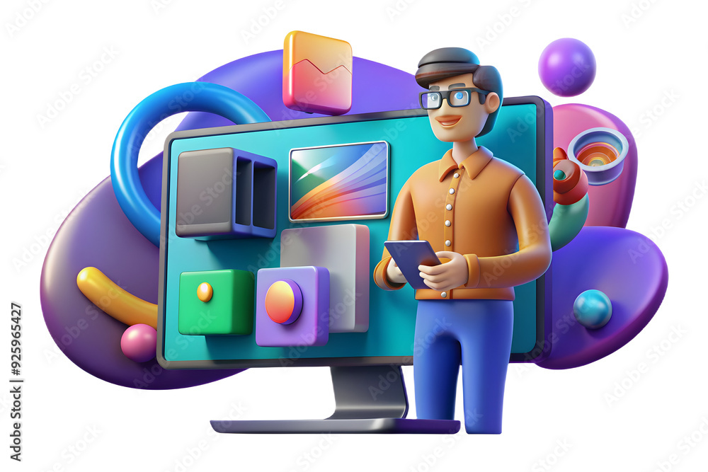 Poster virtual meeting scene with graphic designer displaying vibrant designs on screen against abstract ba