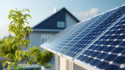 Fototapeta premium A close-up of an energy-efficient home with integrated solar panels, rainwater harvesting, and zero-waste composting systems, photo-realistic, eco-friendly residential technology