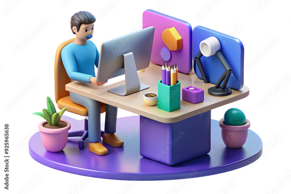 Poster graphic designer creating branding in a vibrant flexible workspace with glossy surfaces. focus on cr