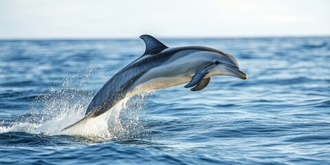 Fototapeta premium Detailed image of a playful dolphin jumping out of the ocean, illustrating the intelligence and energy of marine wildlife