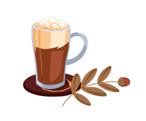 Hot latte in glass with branch