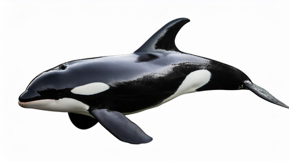 Obraz premium シャチが水中から浮上している姿が描かれています。シャチの黒と白の特徴的な模様がはっきりと見え、滑らかで力強いフォルムが際立っています。背景は白で、シャチの姿がシンプルかつ鮮明に表現されています。generative AI