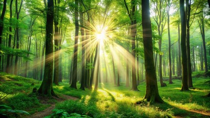 Sunlight streaming through the green forest, creating a peaceful and enchanting scene , fantasy, world, sunlight, drops