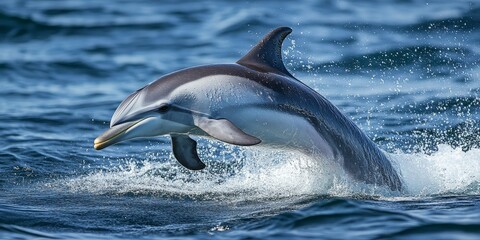 Detailed image of a playful dolphin jumping out of the ocean, illustrating the intelligence and energy of marine wildlife